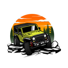 Green Offroad Car Illustration. Crossing Large Rocks With Views Of Pine Trees And Sunset. Perfect For Use As Logos, Posters, Stickers, And T-shirts.