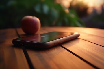 Poster - Smartphone on table near apple. Generate Ai
