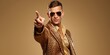 © Zaleman - Happy guy in a gold necklace and a leopard costume pointing his finger at the camera.