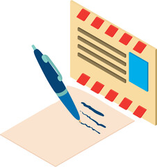 Poster - Paper mail icon isometric vector. Pen writing on paper sheet and closed envelope. Correspondence concept