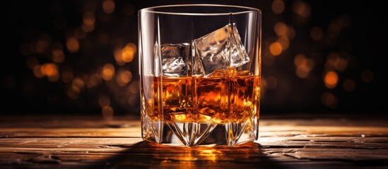 Poster - An artistic representation of a glass of sophisticated whiskey with ice cubes on a bar counter, set against a moody and dark atmosphere.