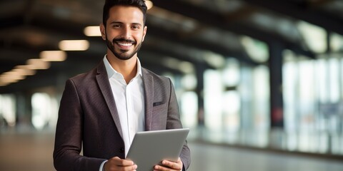 Aufkleber - Smiling young man with a digital tablet in his hands posing in the airport terminal.