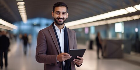 Aufkleber - Smiling young man with a digital tablet in his hands posing in the airport terminal.