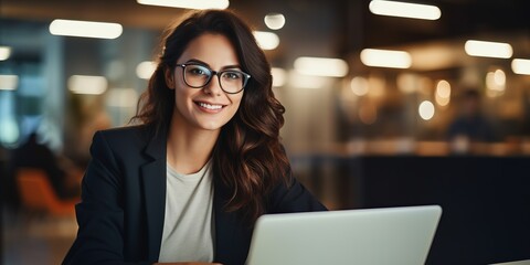 Poster - Happy business woman using laptop, smiling, posing with glasses, working, sitting at workplace in modern office.