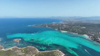 Wall Mural - coast as a background from top view. drone view of a sailing yacht and boats. aerial landscape. summ