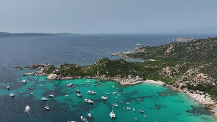 Wall Mural - coast as a background from top view. drone view of a sailing yacht and boats. aerial landscape. summ