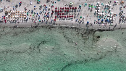 Wall Mural - aerial view on beach, people and umbrellas. vacation and adventure. europe, mediterranean sea. top v