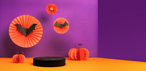 Poster - Product Display halloween decor party holiday studio set up in orange and violet color background with bat ,pumpkin,spider web
