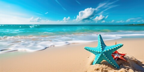 Canvas Print - Starfish on the beach at the edge of the blue water on a sunny day, American flag.