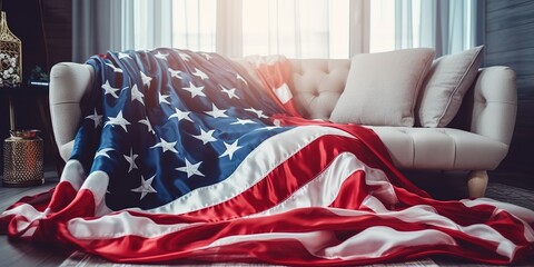 American flag in a bright room.