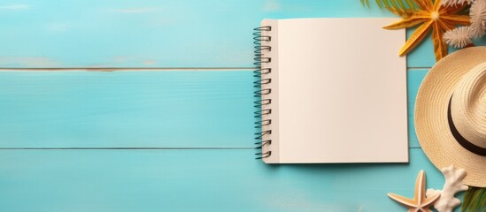 Poster - A writing book with summer beach accessories on a background, with empty space for writing. The photo is taken from above, and room for notes or messages.