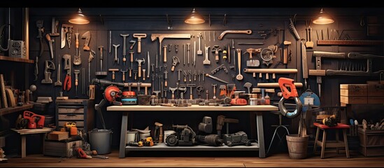 Poster - Maintenance and repairing concept with a collection of various tools and available space for duplication.
