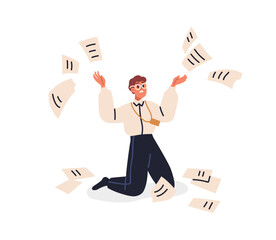Poster - Angry frustrated employee throwing business papers. Mad irritated office worker and falling documents. Annoyed stressed man in anger. Flat graphic vector illustration isolated on white background