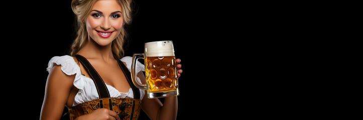 Smiling young Oktoberfest waitress dressed in a traditional Bavarian or German dirndl serves a large mug of beer.