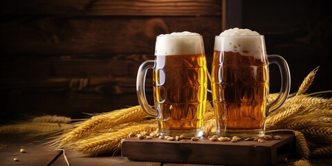 Poster - Two beer glasses and a beer barrel with wheat on a wooden table.