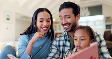 Poster - Happy, learning and a family reading a book for education, child development and bonding. Laughing, care and young parents with a girl kid and a story together in the living room of a home for love