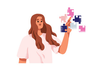 Aufkleber - Connecting puzzle, joining jigsaw pieces with hand. Smart woman thinking, solving problem, finding solution. Logic and intelligence concept. Flat vector illustration isolated on white background