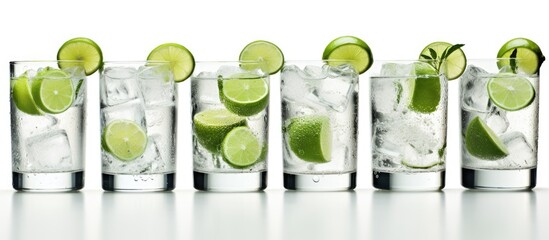 Aufkleber - A picture of a glass of gin and tonic with ice and lime is shown on a white background with empty space for text.