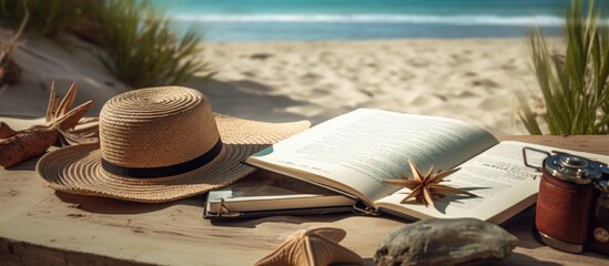 Poster - A writing book with beach accessories as the background, with plenty of space for writing.