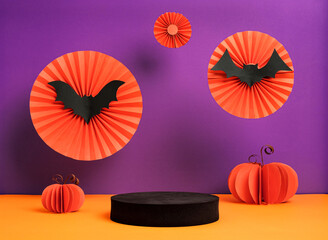 Poster - Product Display halloween decor party holiday studio set up in orange and violet color background with bat ,pumpkin,spider web