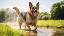 Happy German Shepherd Dog Running Through Splasing Water In A Green Field On A Beautiful Summer Day With Natural Sunlight