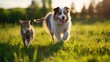 Happy australian shepherd dog walking with a cute cat on a green field with natural sunlight