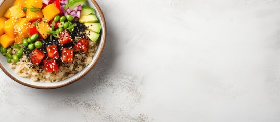 Poster - A vegan poke bowl that is tasty and colorful, placed on a light gray background. It is a fresh and healthy recipe, displayed from a top view with copy space.