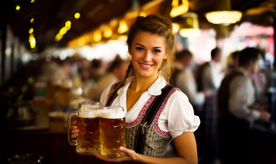 Wall Mural - Oktoberfest waitress, wearing a traditional Bavarian dress, serving beers. German traditional festival. Shallow field of view