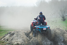 ATV And UTV Offroad Vehicle Racing In Dust. Extreme, Adrenalin. 4x4