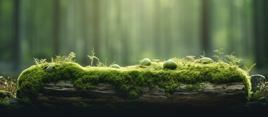  A panoramic website header featuring a stone covered in green moss in the forest, providing empty space for product placement and copy space for your design. It captures the essence of the natural