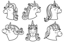 Cute Unicorn Heads Outline Collection. Magic Horse Characters Black And White Set For Kids. Happy Animals Clipart For Coloring Page. Vector Illustration