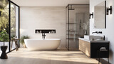 Fototapeta Przestrzenne - A sleek and modern bathroom with a minimalist white vanity and sleek black fixtures, featuring a large shower and luxurious freestanding bathtub