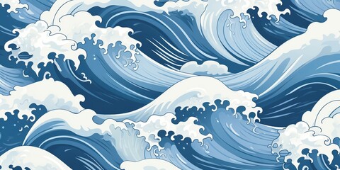 AI Generated. AI Generative.Vintage retro old style drawn paint sea ocean river water waves in minimal Japanese style. Marine and nautical  illustration. Graphic Art
