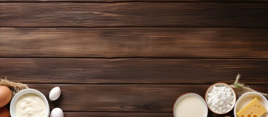 Aufkleber - An image with various dairy products such as milk, cottage cheese, and eggs is displayed on a wooden table. The view is from the top, and empty space for adding text. This arrangement is captured