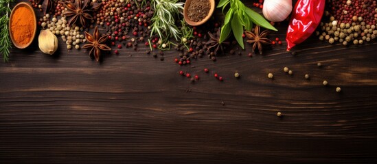 Wall Mural - Herbs and spices on a wooden background, viewed from the top with space for text.