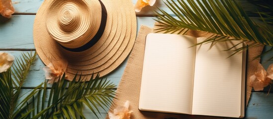 Poster - A writing book with summer beach accessories is seen in the background, with copy space available. is captured in a flat lay style.