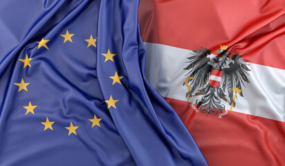 Ruffled Flags of European Union and Austria (with coat of arms). 3D Rendering