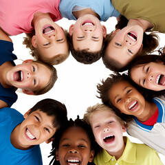 many different children stand in a circle and laugh and rejoice merrily, the concept of friendship a