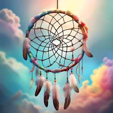 Beautiful dream catcher on background of blue sky and colourful clouds. Tribal elements, feathers, shells, lace. Digital illustration. CG Artwork Background