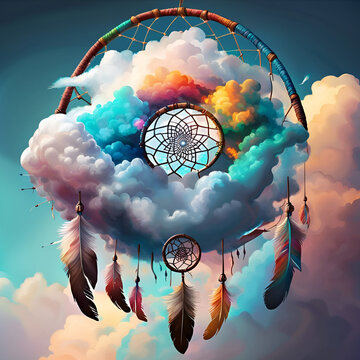 Beautiful dream catcher on background of blue sky and colourful clouds. Tribal elements, feathers, shells, lace. Digital illustration. CG Artwork Background