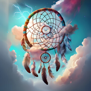 Beautiful dream catcher on background of blue sky and colourful clouds. Tribal elements, feathers, shells, lace. Digital illustration. CG Artwork Background