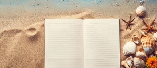 Poster - A blank notebook with beach accessories in the background, suitable for writing. The photo is taken from above, providing enough space for writing.