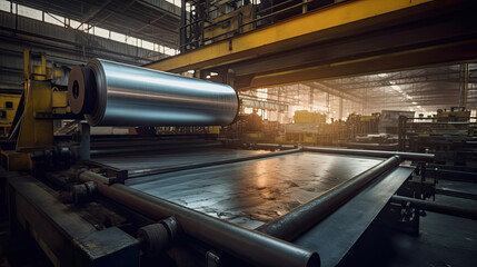 Cold rolled steel sheet on plate rolling machine in production process at factory. Generative Ai