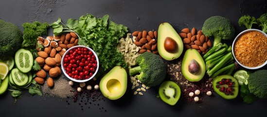 Poster - Healthy vegan food displayed on a gray background with enough space for additional content. The selection includes superfoods such as nuts, beans, greens, and seeds.