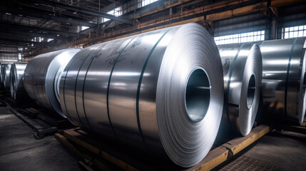 Rolls of galvanized steel sheet inside the factory. Galvanized steel sheet in warehouse. Generative Ai