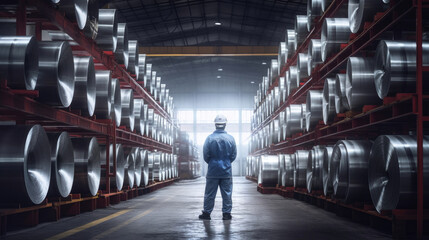 A Worker with Rolls of galvanized steel sheet inside the factory or warehouse. Generative Ai