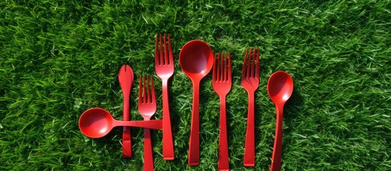 Poster - Plastic plates, forks, spoons, and knives that can be easily discarded. The tableware is red and placed on green grass with a moss background. is taken from a top view and empty space available for