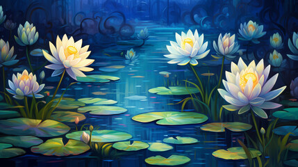 Wall Mural - White water lilies in the pond landscape.