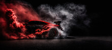 Drifting Car On Dark Black Background With Red Smoke. Car In The Smoke. Supercar In Motion. Sports Car Drifting In Smoke. Supercar With Copy Space