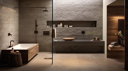 Wall Mural - minimalistic design walk shower are simplicity, functionality, and clean lines with a focus on natural materials and subdued colors